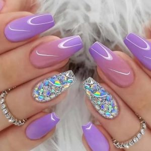 Medium Press on Nails Sequins False Nails Art Full Cover Acrylic Coffin Purple Fake Nails for Women and Girls 24PCS