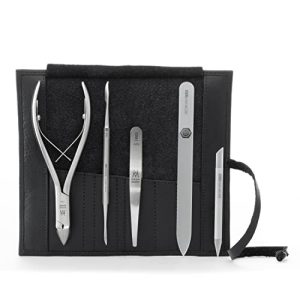 GERMANIKURE 5pc Diabetic Manicure Set in Black Leather Case - FINOX Stainless Steel Tools Made in Solingen Germany, Glass Nail Care Supplies Made in Czech Republic