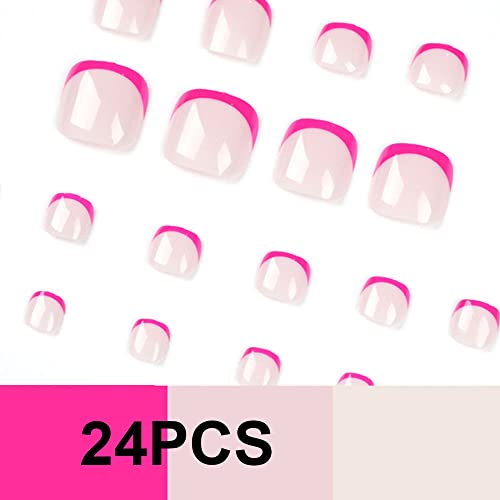 French Press on Toenails Short Square Fake Toenails Pink Tip Full Cover False Toe Nails Summer Design Detachable Press On Toenails Acrylic Manicure Toenail Tips for Women 24pcs - Image 2