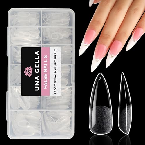 UNA GELLA Long Stiletto Gel X Nail Tips Full Cover 504PCS Pre-shape Long Stiletto Almond Fake Clear Nails Tips No Need File Stiletto Gel Tips No C Curve for Nail Extension DIY Art Salon 12 Sizes - Image 9