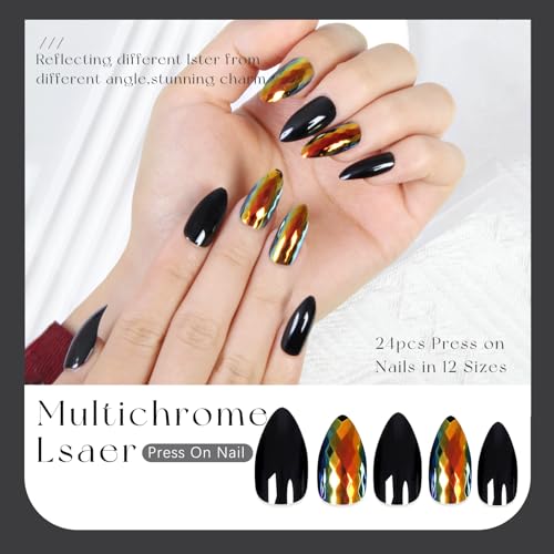 Medium Black High Shine Chrome Press On Nails Oval Almond Acrylic Nail Art Kit - Image 2