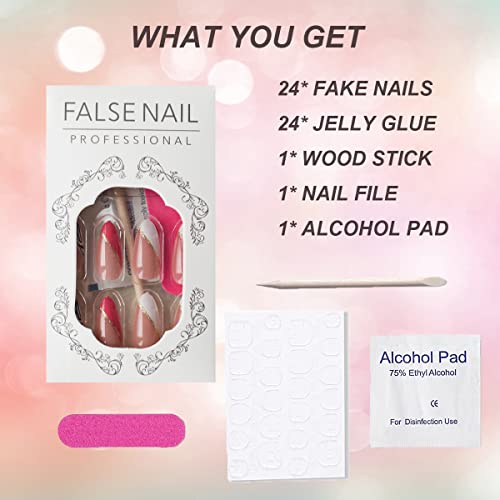 Pink Acrylic Press on Nails Almond Fake Nails Colorful with Swirl and Gold Foil Designs False Nails Cute Artificial Glue on Nails French Tip Stick on Nails for Summer Women and Girls 24pcs - Image 7