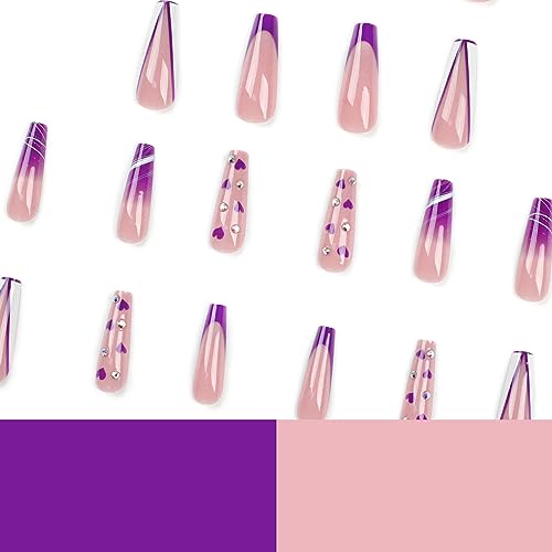 IMSOHOT Long Press on Nails Coffin Purple French Tips Fake Nails Rhinestone Full Cover Acrylic False Nails with Cute Heart Designs Glossy Glue on Nails Ballerina Artificial Nails for Women 24Pcs - Image 4