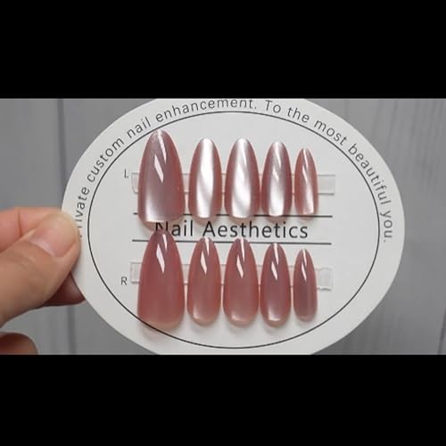 Almond Press on Nails Pink Fake Nails Cat Eye False Nails Glitter Full Cover Opaque Nails Press on Acrylic Nails with Glue on Nails Medium Length Stick on Nails Velvet Static Nails for Women and Girls - Image 9