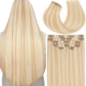 22 Inch Dark Ash Blonde Platinum Blonde Clip-In Human Hair Extensions 110g 7 Piece Set