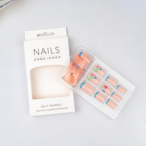 24 Pcs Medium Press on Nails with Multi-Colored Flower Designs and Blue French Tips - Image 3