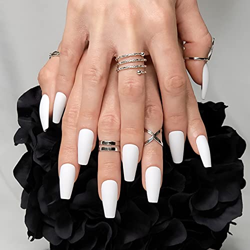 Hypnaughty 24 Pcs Santorini White Matte Luxury Coffin Press on Nails with Glue Medium Long Reusable & Customizable False Nails (Santorini) - Image 4