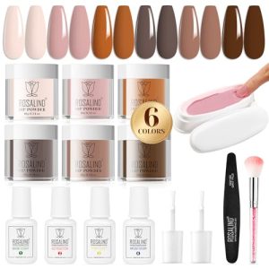 ROSALIND 13PCS Dip Nails Powder Starter Kit,6 Colors Dip Powder Nail Kit Nude Brown Series Nail Dip Powder Colors Set with Base&Top Coat, Brush Restorer Activator Kit Air Drying Dip Powder