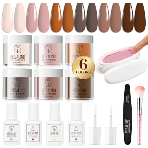 ROSALIND 13PCS Dip Nails Powder Starter Kit,6 Colors Dip Powder Nail Kit Nude Brown Series Nail Dip Powder Colors Set with Base&Top Coat, Brush Restorer Activator Kit Air Drying Dip Powder