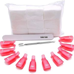 Professional Nail Polish Remover Tools Kit Set/10 Pcs Nail Polish Remover Clips/800 Pieces Nail Polish Remover Cotton Pads/1 Pc 100/180 Nail File/1 Pc Spoon Steel Nail Cleaner Tool