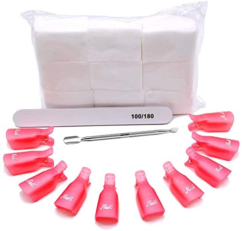 Professional Nail Polish Remover Tools Kit Set/10 Pcs Nail Polish Remover Clips/800 Pieces Nail Polish Remover Cotton Pads/1 Pc 100/180 Nail File/1 Pc Spoon Steel Nail Cleaner Tool
