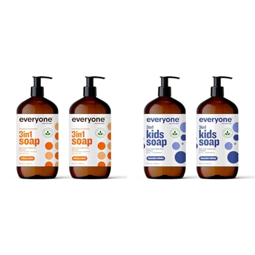 Everyone 3-in-1 Soap, Body Wash, Bubble Bath, Shampoo, 32 Ounce (Pack of 2) & 3-in-1 Kids Soap, Body Wash, Bubble Bath, Shampoo, 32 Ounce (Pack of 2), Lavender Lullaby