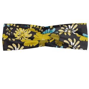 Ambesonne Women's Floral Headband, Comfy Elastic Hair Accessory, M-L Size, Charcoal Grey Yellow