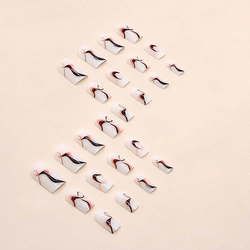 Press on Nails Short Length Natural Fake Nails with Black and Orange Swirl Designs Square False Nails with Glue and Adhesive Tabs, Acrylic Artificial Nails for Women Girls 24pcs - Image 5
