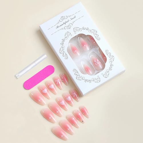 BABALAL Pink Press on Nails Medium Almond Fake Nails Heart Glue on Nails Bow Acrylic Nails Shiny Rhinestone Stiletto 24Pcs Glossy Manicure False Nails - Image 4