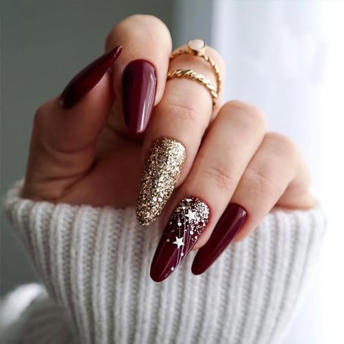 IMSOHOT Christmas Press on Nails Medium Almond Shape Fake Nails Dark Red Acrylic False Nails Glitter Gel Reusable Glossy Glue on Nails for Women and Girls 24Pcs
