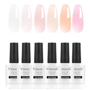 Vnicesli Transparent Jelly Milky White Nude Pink Gel Nail Polish Kit, 6 Colors Pastel Spring Summer Sheer Nude Pink Gel Polish French Nail Art Manicure for Women Mom Manicure Gift