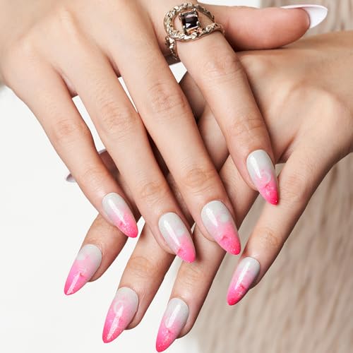 GLAMERMAID Hot Pink Ombre Press on Nails Short Almond, Gothic Pink Crush Nails Medium, Short White Glue on Nails Oval Stick on Fake Nails Gel Set, Glitter Acrylic Stiletto False Nail Kit for Women - Image 7