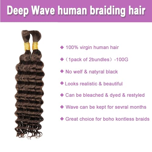 Human Braiding Hair For Boho Braids Deep Wave Bulk Human Hair for Braiding Wet And Wavy Human Braiding Hair Extensions No Weft 100% Brazilian Virgin Curly Human Braiding Hair (18 Inch, 4#) - Image 2