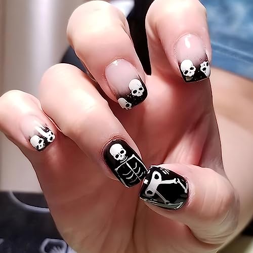 Halloween Short Fake Nails Square Press on Nails Pink Artificial with Black Tips Mysterious Skull Stick on Nails Pattern Quirky Design French Acrylic Holiday Nails Full Cover for Women and Girls 24Pcs