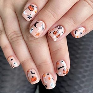 Short Square Halloween Press On Nails with Pumpkin Moon Star Ghost Design for Women