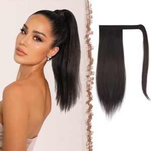 FESHFEN Straight Ponytail Extension 14 inch Natural Long Ponytails Wrap Around Clip in Pony Tail Hair Piece Synthetic Hairpieces for Women Girls, Dark Brown