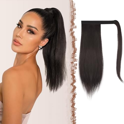 FESHFEN Straight Ponytail Extension 14 inch Natural Long Ponytails Wrap Around Clip in Pony Tail Hair Piece Synthetic Hairpieces for Women Girls, Dark Brown