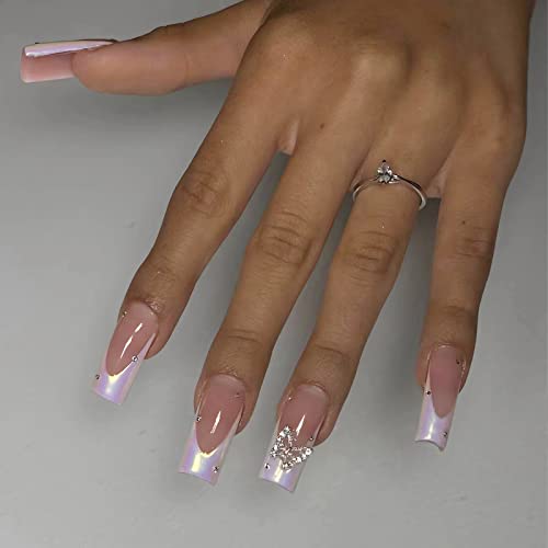 IMSOHOT Square Press on Nails Medium French Fake Nails Pearlescent Glossy False Nails Metal Silver Butterfly Rhinestones Squoval Full Cover Acrylic Nails Glue on Nails for Women 24pcs - Image 2