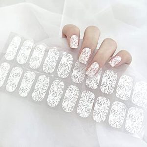Fully Cured Gloss Gel Nail Strips White Lace Flower Nail Polish Stickers Long Lasting Gel Nail Wraps UV Free Chip Resistant