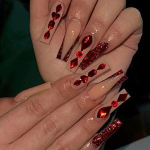 BABALAL Red Press on Nails Long Fake Nails Coffin Glue on Nails Ballerina Acrylic Nails 24Pcs Rhinestones Nails for Women and Girls
