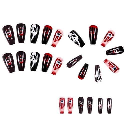 24 Pcs Halloween Black Coffin Press On Nails with Bloody Eyeball Ghost Face Design - Image 3