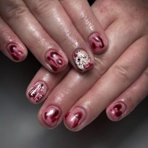Bloody Press on Nails Short Halloween Square Fake Nails with Red Blood Designs Scary Petite False Nails Fall Halloween Glue on Nails Reusable Artificial Nails for Women