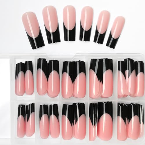 120 Pcs Long Square Glossy Black French Tip Acrylic Press-On Nails Full Cover - Image 6
