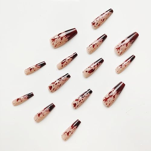 Long Press on Nails Halloween Coffin Fake Nails Full Cover Acrylic False Nails with Horror Blood Designs Glossy Red Stick on Nails Halloween Artificial Nails Glue on Nails for Women Girls Nail Decor - Image 5
