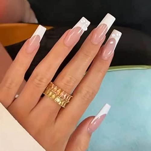 YOSOMK French Tip Press on Nails Long Fake Nails with Pearl Design Press On Coffin Acrylic Matte False Nails for Women Stick on Nails With Glue on Static nails - Image 4