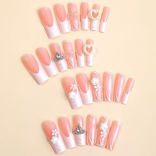 Square Press on Nails Long - White French Tip Extra Long Fake Nails Press ons,24 Pcs Flower Pearl Charms Design Glue on Nails Pink Acrylic Nails Glossy Full Cover False Nail For Women - Image 2