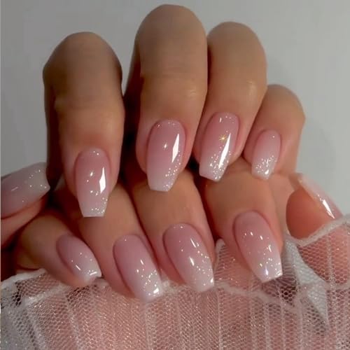 Gradient Pink Glitter Press on Nails Short Medium Square,Xcreando Pink Fake Nails Glue on,Artificial Nails Medium Length Coffin,T-shape Acrylic Nails False Nails for Women in 24PCS - Image 2