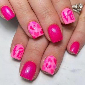 24 Pcs Rose Pink Press on Nails Short Square - SHANRUN Festival Fake Nails Press ons Nail Art Tips Full Cover False Nails with Heart Letter Glossy Design Glue on Nails Stick on Nails Kit Acrylic Set