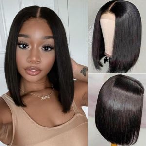14 Inch Natural Black Human Hair Bob Wig 13x4 Lace Front 150% Density for Women