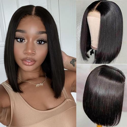 14 Inch Natural Black Human Hair Bob Wig 13x4 Lace Front 150% Density for Women