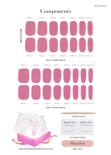 MelodySusie Semi Cured Gel Nail Strips, Rose Pink- Works with Any Nail Lamps, Salon-Quality, Long Lasting, Easy to Apply - Includes 30Pcs, Free 5D Stickers, 2 Prep Pads, Nail File & Wooden Stick - Image 5