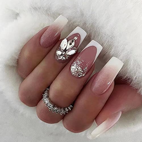French Tip Press on Nails Medium Length Coffin Fake Nails with Rhinestones Design Glue on Nails Silver Glitter Full Cover False Nails Glossy Stick on Nails for Women Girls 24Pcs