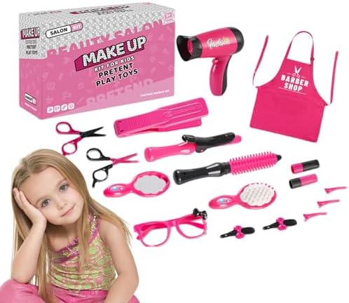 Pretend Play Make Up | Kids Makeup Vanity Set | Hair Salon Girls Toys | Styling Toy Set for Girls with Realistic Blow Dryer, Hair Straightener Barber Apron Sunglass Clip - Image 8