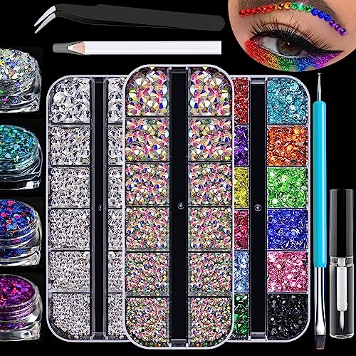 4320pcs Face Gems for Makeup with Glue, 2-5mm Colorful Beads & 2.4-6mm Round Glass Crystal Clear & AB Gems & 4 Colors Cosmetic Chunky Glitter with Dotting Tools, Eye Jewels for Body Make-up, Nail Art