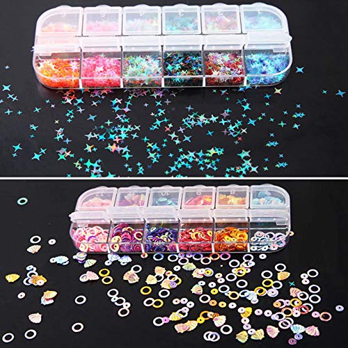 48 Boxes Holographic Nail Sequins, FITDON Shell Round Star Leaf Butterfly Iridescent Flake Nail Glitter, Colorful Confetti Sticker Manicure Nail Art Supplies Make Up DIY Decals Decoration - Image 4