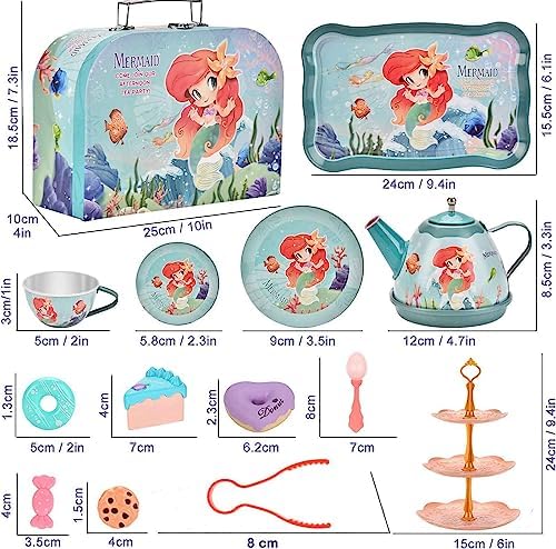 48pc Mermaid Tea Party Set for Little Girls,Birthday Gifts for Age 3 4 5 6 Year Old Girls,Pretend Tin Teapot, Cups, Plates,and Food Sweet Treats Playset for Princess Tea Time Play Kitchen Toys - Image 7