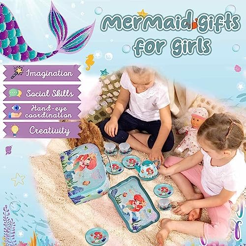 48pc Mermaid Tea Party Set for Little Girls,Birthday Gifts for Age 3 4 5 6 Year Old Girls,Pretend Tin Teapot, Cups, Plates,and Food Sweet Treats Playset for Princess Tea Time Play Kitchen Toys - Image 4