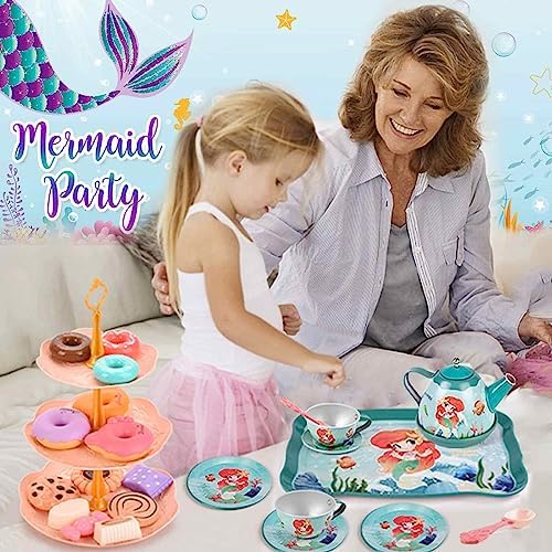 48pc Mermaid Tea Party Set for Little Girls,Birthday Gifts for Age 3 4 5 6 Year Old Girls,Pretend Tin Teapot, Cups, Plates,and Food Sweet Treats Playset for Princess Tea Time Play Kitchen Toys - Image 2