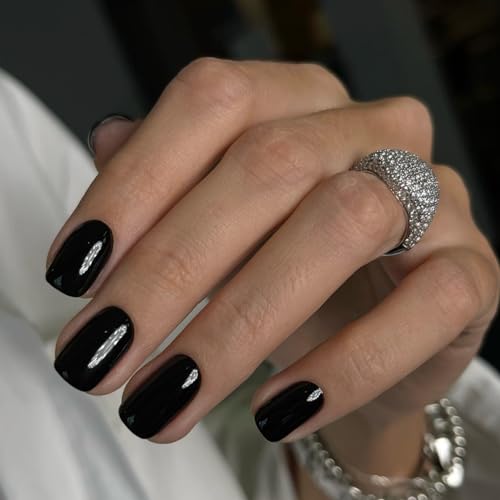 48 Piece Short Square Black Acrylic Press-On Nails for Women and Girls