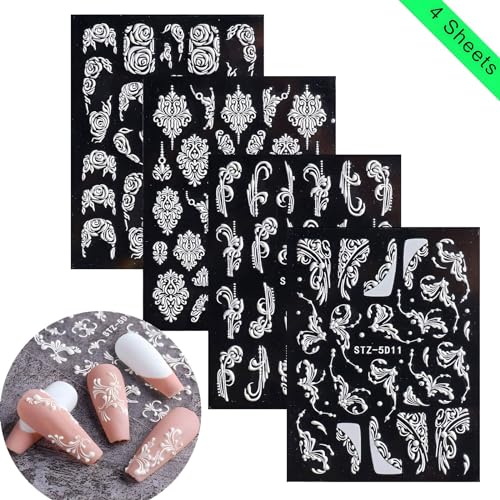 5D White Lace Flower Nail Art Stickers Decals 4pc Set for Wedding Manicure Decor - Image 2